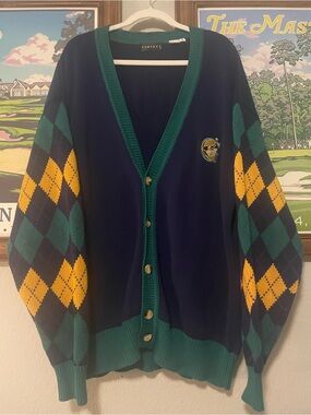Vintage Golf Argyle Cardigan Sweater XL Green Yellow Navy Knit